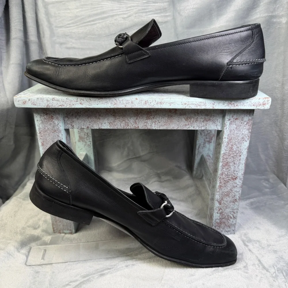Salvatore Ferragamo Loafers Mens 13 Black Leather Braided Gancini Made in Italy